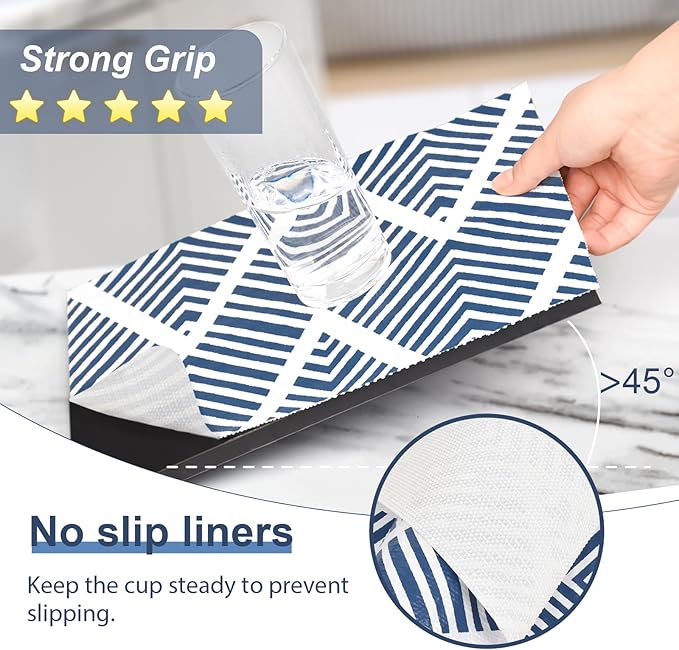 Shelf Liners for Kitchen Cabinets Non-adhesive, 12in x 12FT Drawer Liner Non Slip Shelf Paper, Waterproof Easy to Clean Surface, Thicken Strong Grip for Pantry Cupboard Dresser Mat, Blue Stripe