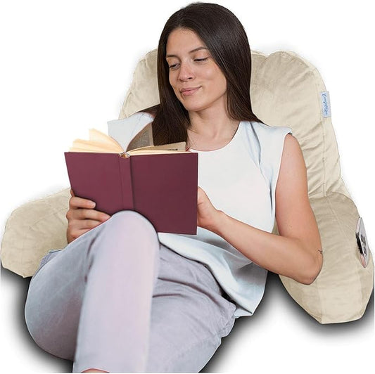 ComfortSpa Reading Pillow for Bed Adult Size, Back Rest Pillow with Arms, Pockets and Washable Cover; Use as a Back Pillow for Sitting in Bed for Bedrest or Relief from GERD Heartburn (X-Large Cream)