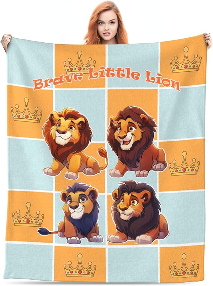 Cute Cartoon Flannel Blanket for Kids, 50" L x 60" W Inches โ Soft and Cozy Plush Throw Blanket for Boys and Girls โ Perfect for Bed, Couch, or Travel (Lion)
