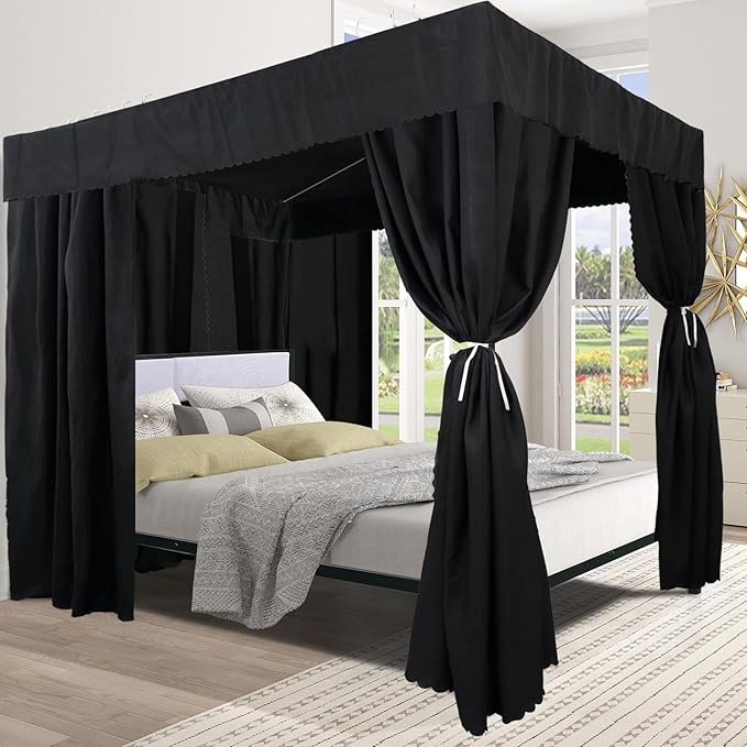 Black Canopy Bed Curtains - 4 Corner Post Bed Curtains Canopy Full Bed Canopy Curtains for Adults Girls Bedroom Decoration(Black, Full)
