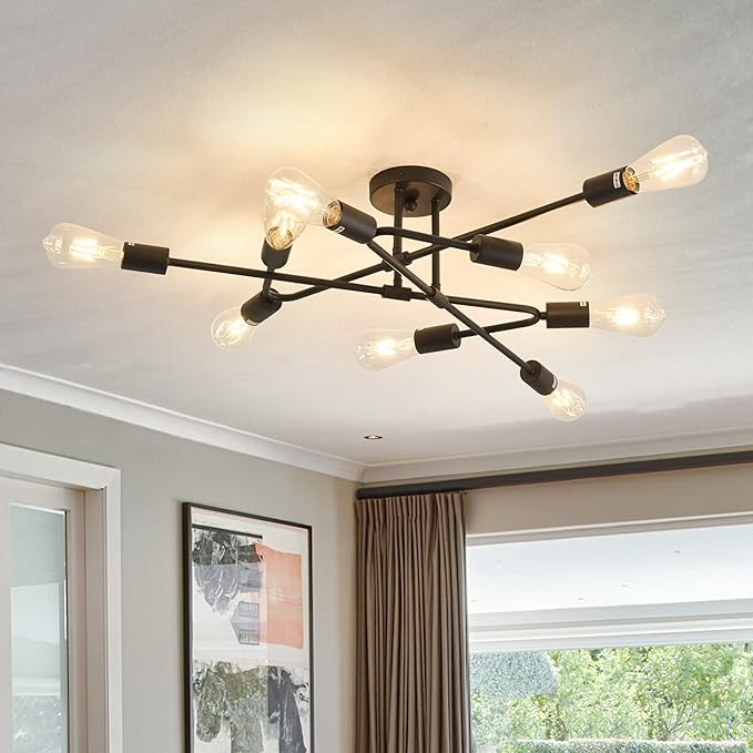 ZGLAOJT Black Semi Flush Mount Ceiling Light Fixture,9 Light Modern Metal Chandelier,Ceiling Light for Kitchen Farmhouse Island Dining Room Bedroom