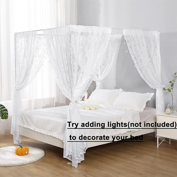 Lace Canopy Bed Curtain Queen, Soft Bed Canopy Scarf for Girls Adults (Queen, White)