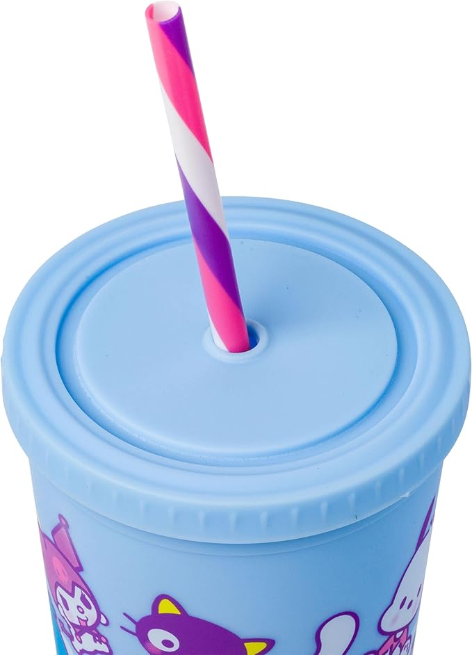 Silver Buffalo Sanrio Hello Kitty and Friends Featuring Little Twin Stars, My Melody, Kuromi, Keroppi, Chococat, Cinnamoroll, Pompompurin, Pochacco, Tuxedo Sam, Badtz-Maru Matte Plastic Tumbler, 20oz