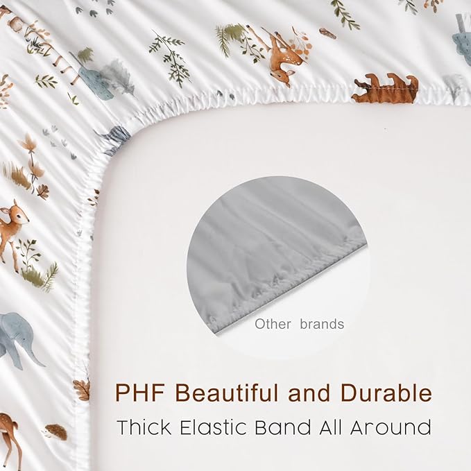 PHF Soft Crib Sheet Fitted, 2 Pack Baby Sheets for Boys Girls, 28x52x9in Fits Standard Crib and Toddler Mattresses, Silky Comfy Breathable Polyester Baby Mattress Sheets, Woodland
