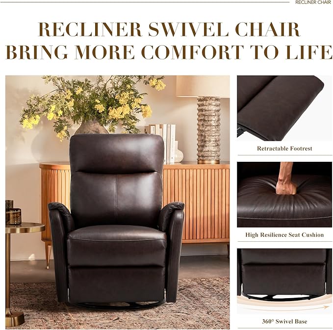 Swivel Rocking Recliner Glider Chair, Leather Reclining Rocker Chair with Footrest for Living Room, Nursery, Office, Bedroom, Ergonomic High Backrest, Wide Seat Cushion and Metal Base-Chocolate