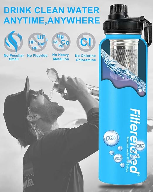 30oz Stainless Steel Portable Alkaline Filter Water Bottle, Creates Up To 9+ Ph Of Quality Water, Sports Travel Water Bottle, Removes Water Impurities