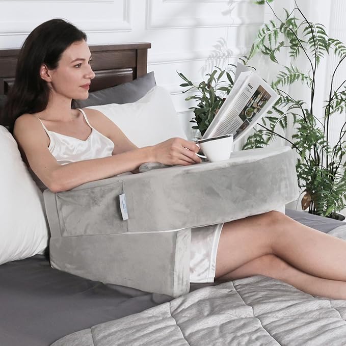 Weighted Idea Reading Pillow for Gaming, Extra Large Arm Rest Pillow for Adult,Lap Desk Pillow Gaming Pillow with 2 Side Pockets for Gaming, Reading, Working Sitting in Bed Floor Sofa (Grey)