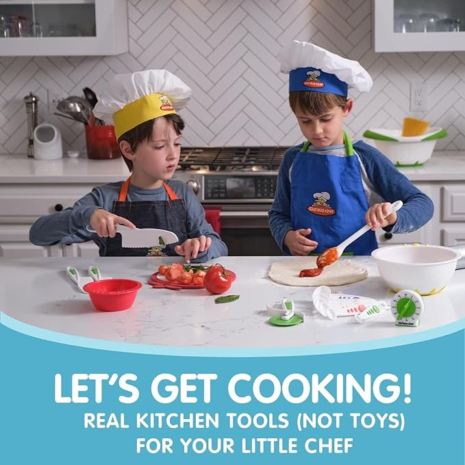 Curious Chef 11-Piece Blue and Green Chef's Kit for Kids, Includes Real Cooking and Baking Tools, Dishwasher Safe and Made with BPA-Free Plastic