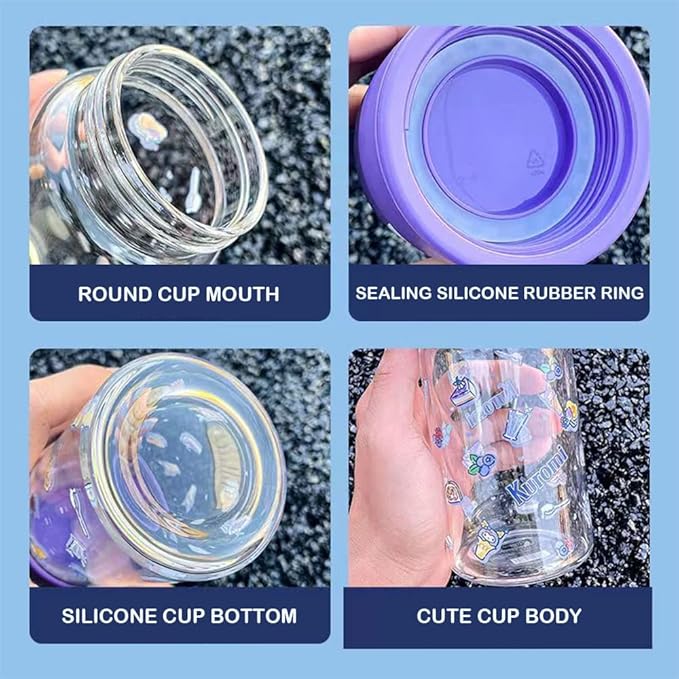 360ML/12.2OZ Cute Glass Water Bottle, Cute Portable Sports Leakproof Water Cup, Cute Glass Water Bottle for School, Camping,Traveling,Office,Car,Girls(White)