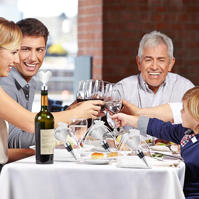 Blank Heart Shape Wine Stopper Stainless Steel Beer Stopper Blank Board Stopper with White Sheer Organza Bags Wedding Favor for Guests Wine Party Gifts Bridal Shower(Silver,24 Sets)