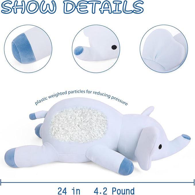 24" 4.2lbs Elephant Weighted Stuffed Animals,Cute Cuddle Plushie toy Weighted Elephant Plush Throw Pillow for Children Kids Adults(Elephant)