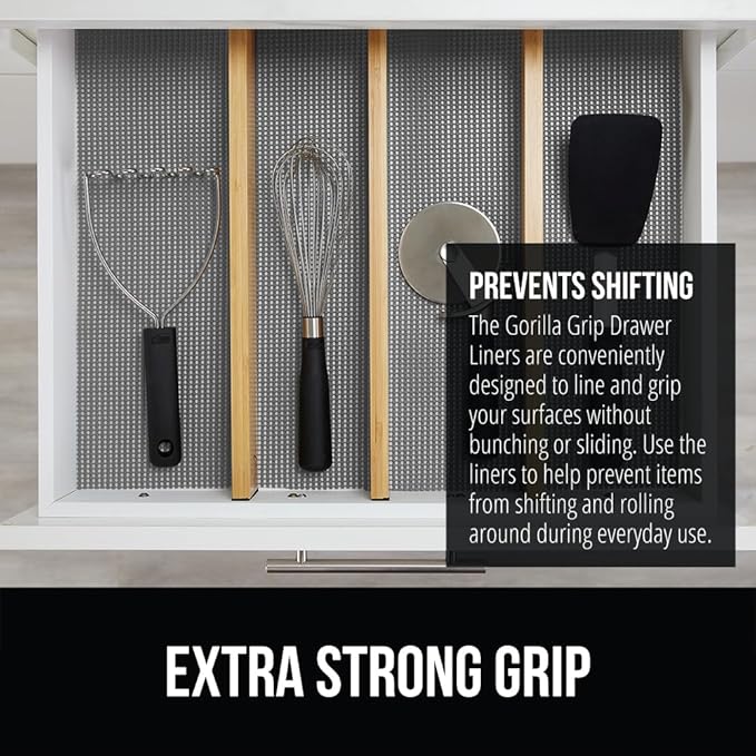 Gorilla Grip powerGRIP Drawer Shelf and Cabinet Liner, Thick Strong Hold, Non-Adhesive Liners Protect Kitchen Cabinets and Cupboard, Bathroom Drawers, Easy Install, Breathable Mat, 20" x10', Gray