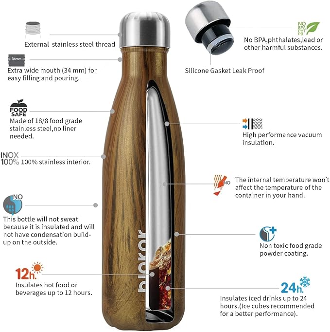 BJPKPK Teakwood Graphics Stainless Steel Metal Double Wall Insulated Water Bottle 17 oz Cola Shape Sports Travel Cold Thermal Water Bottles
