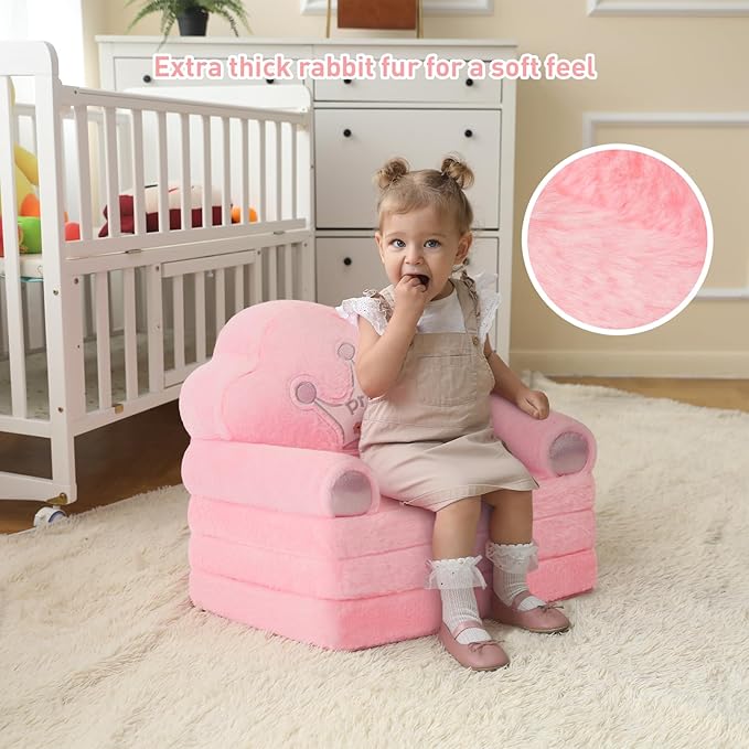 MOONBEEKI Toddler Chair Comfy,Foldable Princess Kids Couch for Girl, Toddler Recliners for Kids Over 18 Months, Kids Sofa Bed Fold Out(Pink)