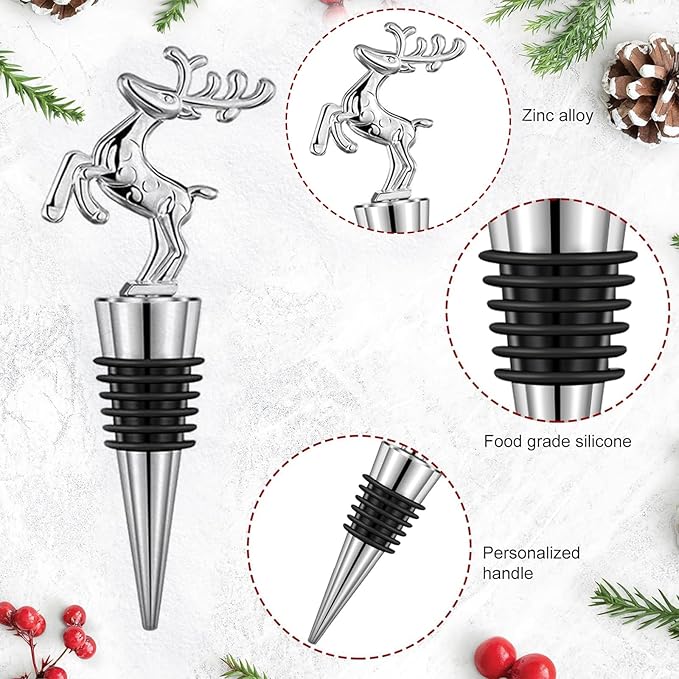 Christmas Wine Bottle Stoppers 5-Packs - Wine Saver Zinc Alloy Silicone, Reusable Leak Proof Keep Fresh Wine Corks, for Gifts, Bar, Holiday, Party, Wedding, Camping for Standard Bottle (Deer)