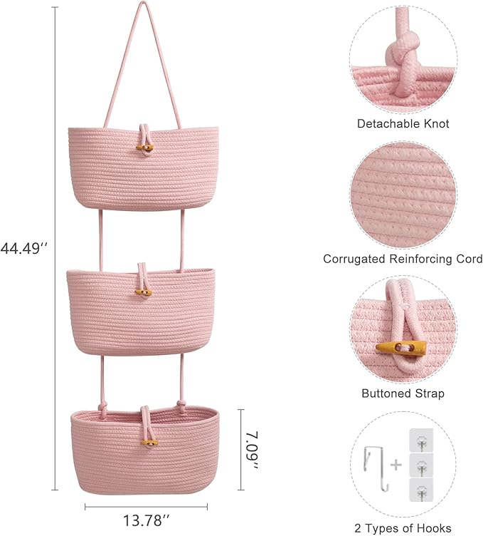 TeoKJ Over the Door Hanging Baskets with Button Strap, 3-Tier Woven Cotton Storage Organizer Bag, Wall-Mounted with Hook Decorative Hanging Nursery Baskets - Pink