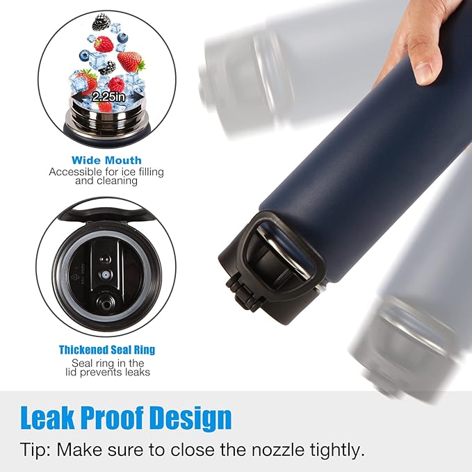 Volhoply 24oz Insulated Water Bottle With Straw Bulk 3 Pack,Metal Wide Mouth Water Bottles With Handle Lid Keep Cold,Reusable Double Wall Thermos,Powder Coated Sport Bottle For Holder(Navy,3 Count)