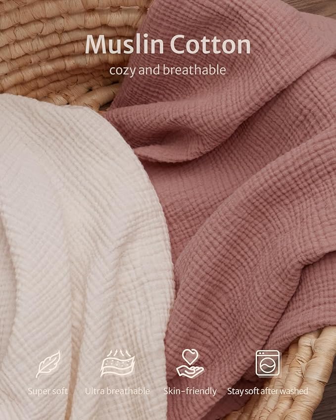 Blissful Diary Muslin Bassinet Sheets for Baby Girls Boys, Boho Soft Cotton Fitted for Oval Hourglass Rectangle Mattress, 2 Pack(Dusty Pink&Cream)