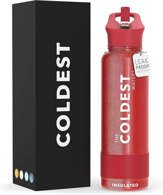 Coldest Sports Water Bottle with Straw Lid Vacuum Insulated Stainless Steel Metal Thermos Bottles Reusable Leak Proof Flask for Sports Gym (40 oz, Mars Red Glitter)