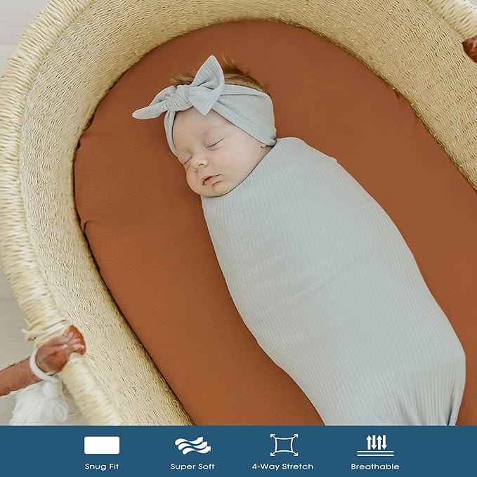 GRSSDER Stretchy Ultra Soft Fitted Bassinet Sheet 2 Pack, Universal Fit for Bassinets Baby Cradle Moses Basket Oval Rectangle Mattress Safe and Snug, Jersey Bassinet Sheets for Girls, Cream/Orange