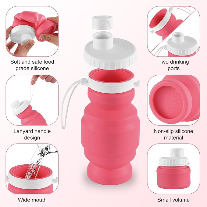 THAIOXYH® Collapsible Water Bottles 11 oz(320ml) Reuseable Foldable Portable BPA Free Silicone Collapsible Water Bottles for Traveling Hiking Camping Sports (pink)…