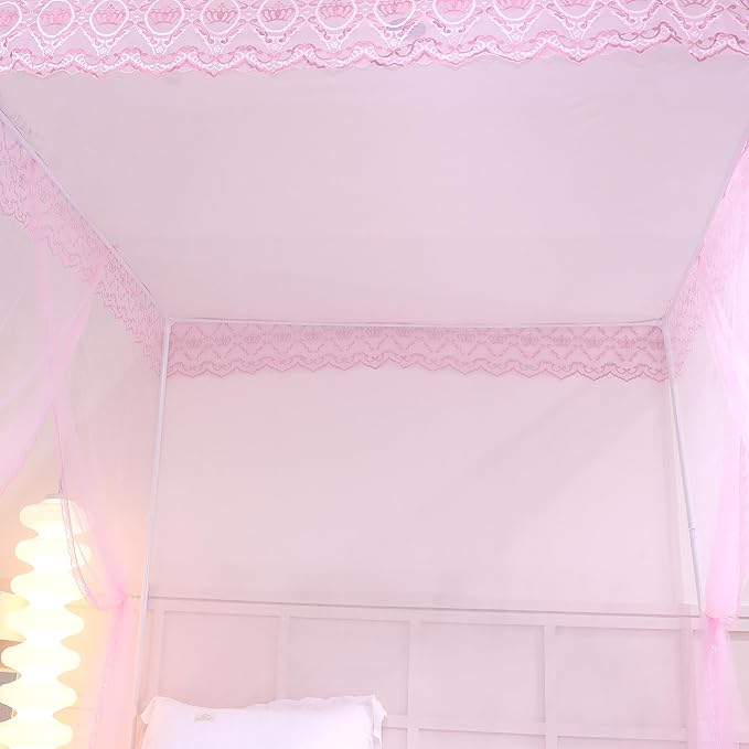 Bed Canopy, Princess Bed Curtain Net for Girls & Adults,Three-Doors Rectangle Lace Dome Netting (Baby Pink, Queen)