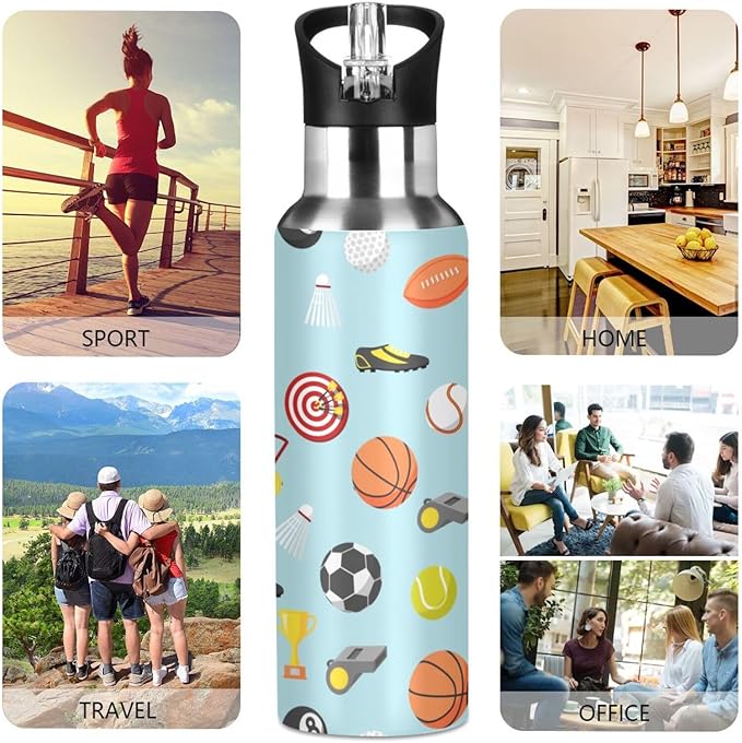 Sport balls Stainless Steel Water Bottle with Straw Lid - 20 Oz Sports Insulated Water Bottle Thermos for Sport Gym Outdoor Travel School (DZ001)