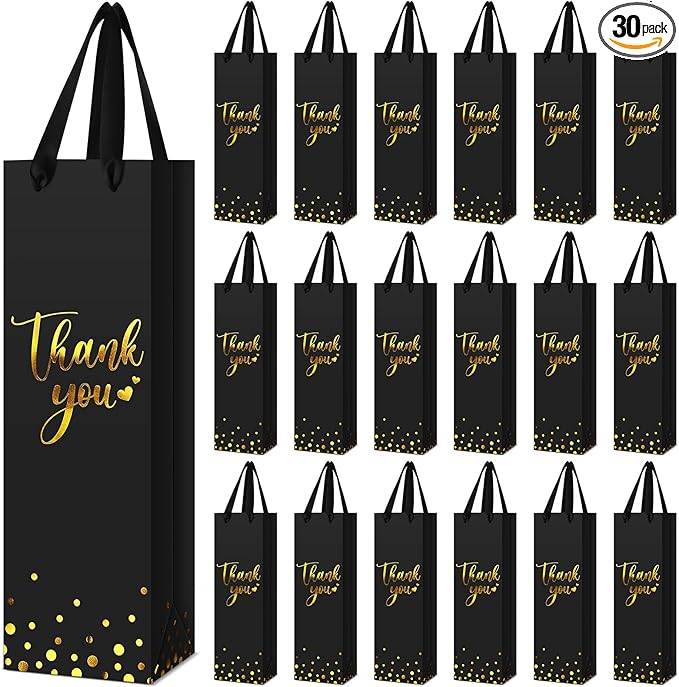 Ctosree 30 Pcs Wine Gift Bag for Wine Bottle Wedding Wine Thank You Gift Bag with Metallic Gold Foil Print Kraft Wine Paper Favor Bag with Attractive Rope Handle for Graduation Bottle(Black)