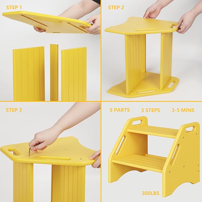 AMBIRD Wooden Step Stool, Two Step Stools Toddler 400 lbs Capacity with Safety Non-Slip Pads and Handles, Bamboo Step Stool for Bathroom, Kitchen Step Stools Dual Height Step Stools for Kids (Yellow)