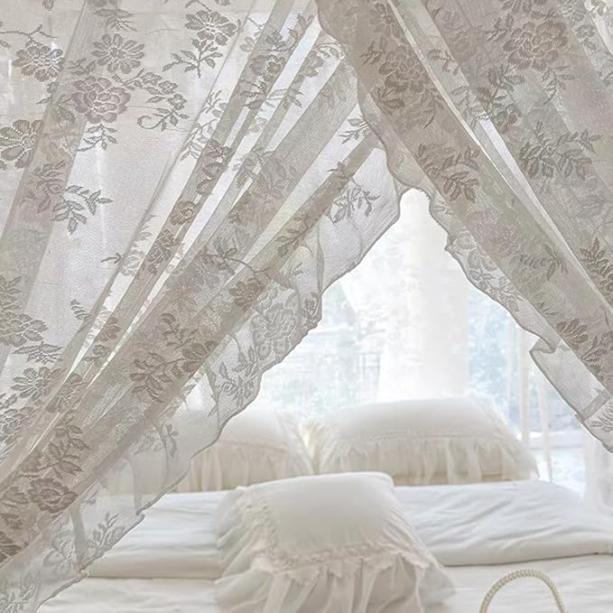 Elegant Lace Princess 4 Corner Post Mosquito Net Romantic for Girls Women Bed Curtain Canopy for Adult Wedding Bedroom Kids Rooms Decoration (Type3-Beige-White, Queen)