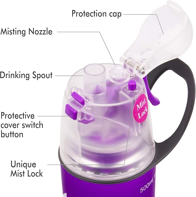 Misting Water Bottle, Spray Mist Sports Bottle for Outdoor Sport Hydration and Cooling Down, BPA-Free Misting Water Bottle with Unique Mist Lock Design (Purple-18oz)