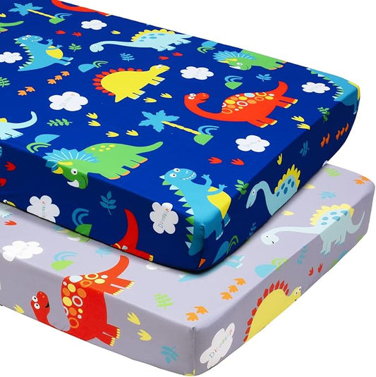 JISEN Baby Crib Sheets 2 Piece Portable Fitted Crib Sheet for Standard Crib and Toddler Mattresses Nursery Bed Decor for Boys Girls 28x52 Inch Grey/Blue Dinosaurs