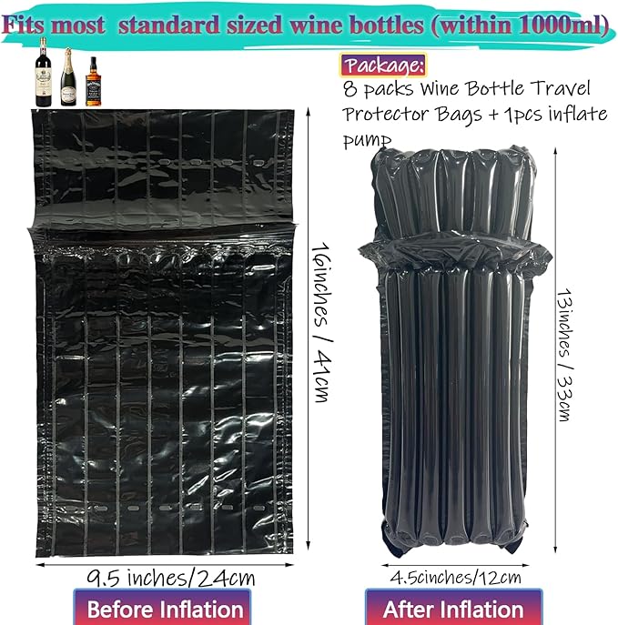 Wine Bottle Protector for Airline Travel,Black Wine Skins for Travel Reusable,8 Packs Inflatable Wine Bottle Travel Sleeve