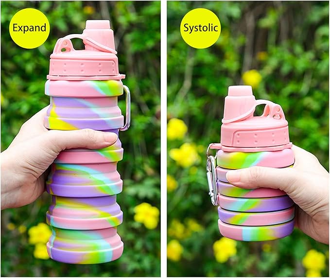 Collapsible Water Bottles Two Pack Travel Sports Portable Sport Water Bottle comes with mountaineering Buckle 500ml silicone Water-proof camping water bottle (Purple and Purple Color)