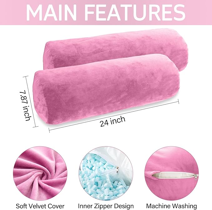 Body Pillow, Memory Foam Body Pillows for Adults Sleeping, Decorative Bolster Pillow for Bed & Couch, Long Cylinder Tube Round Pillow, 24x7.87 Inches, Set of 2 (Purple)
