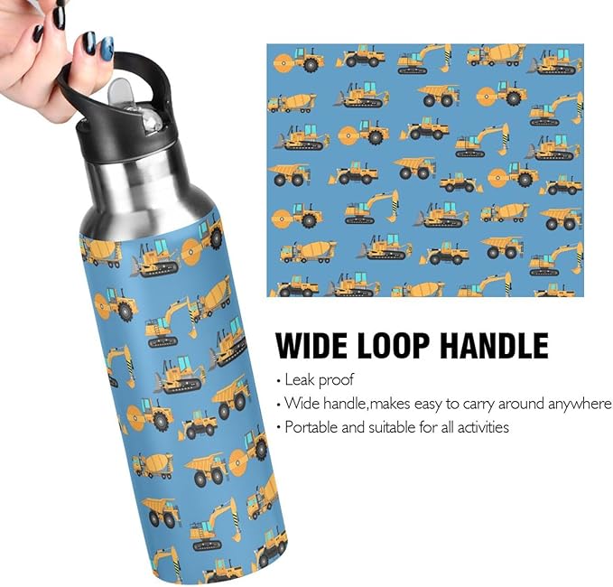 Excavator Concrete Mixer Stainless Steel Water Bottle with Straw Lid - 20 Oz Sports Insulated Water Bottle Thermos for Sport Gym Outdoor Travel School