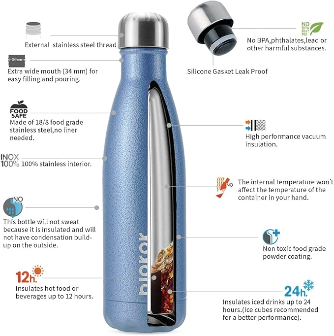 BJPKPK Insulated Water Bottles 17oz, Leak Proof Stainless Steel Water Bottle Keeps Cold for 24H and Hot for 12H, BPA Free Water Bottle,Lake Blue