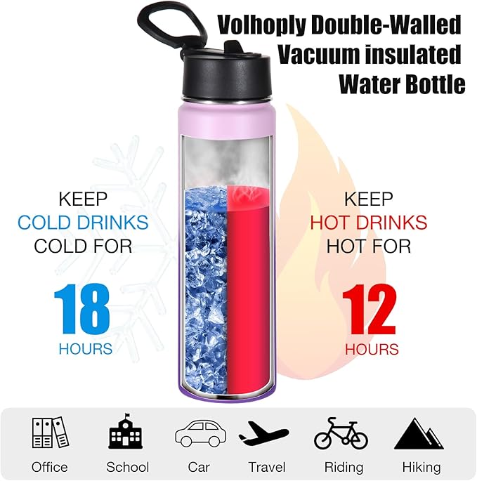 Volhoply 24oz Insulated Water Bottle With Straw Bulk 3 Pack,Metal Wide Mouth Water Bottles With Handle Keep Cold,Reusable Double Wall Thermos,Powder Coated Sport Bottle For Holder(Purple,3 Count)
