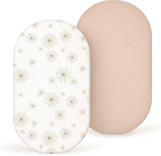 Muslin Bassinet Sheets Baby: Cotton Bassinet Sheets Fitted for Boys and Girls - Bassinet Sheets for Oval Rectangle or Hourglass Mattress(Nudepink Daisy)