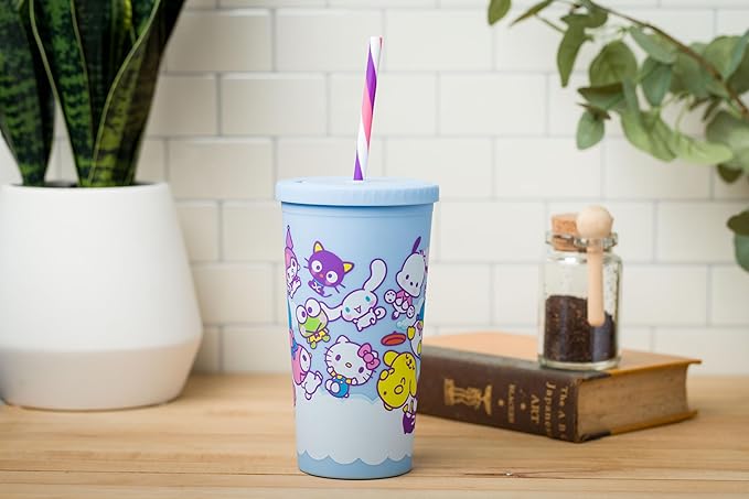 Silver Buffalo Sanrio Hello Kitty and Friends Featuring Little Twin Stars, My Melody, Kuromi, Keroppi, Chococat, Cinnamoroll, Pompompurin, Pochacco, Tuxedo Sam, Badtz-Maru Matte Plastic Tumbler, 20oz