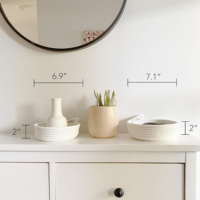 Small Basket Set - 2PC WASHABLE Small Storage Basket 100% Cotton Small Rope Basket 7.5" Small Woven Basket for Key Basket, Mini Basket, Kitchen Basket, Remote Basket (White, Small)