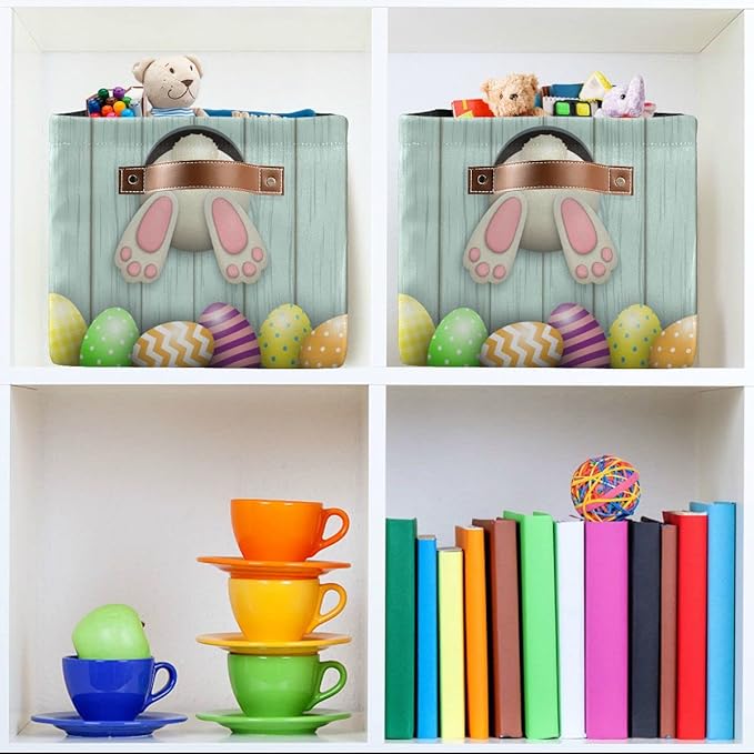 Easter Day Bunny Tail Eggs Storage Basket Fabric Laundry Baskets Happy Easter Rabbit Spring Storage Boxes Organizer Bag for Baby Cloth Dog Toy Book Storage Cubes Shelf Closet Bins 16×12×8 Inches