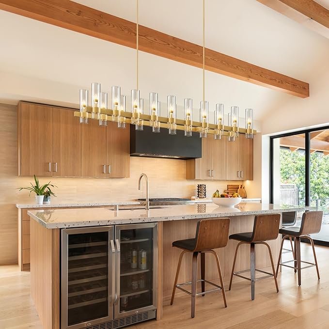 Brass Kitchen Island Lighting-20-Light Linear Chandelier, Adjustable 67.7'' Modern Farmhouse Rectangle Pendant Light Fixtures, Dining Room, Bedroom