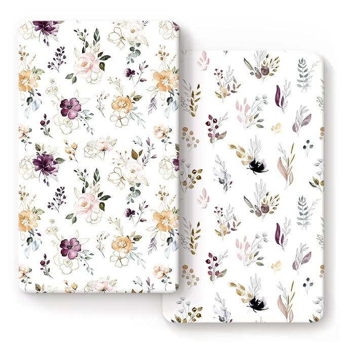 GRSSDER Stretchy Ultra Soft Jersey Knit Fitted Crib Sheets Set 2 Pack,Fits All Standard Crib Mattress Pads Safe and Snug, Pretty Purple Flora Botanical for Baby Girls