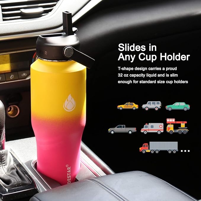 SENDESTAR Water Bottle 32oz,2 Lids(Straw lid),Wide Mouth Stainless Steel Vacuum Insulated Double Wall Keep Liquids Cold or Hot All Day,Sweat Proof Sport Design,Fit Car Cup Holder(Yelow&Pink)