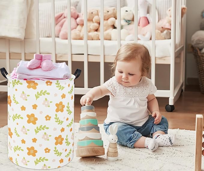 Flower Kids Laundry Basket Baby Hamper Toy Storage Bin for Boys Room Decor Baby Nursery Hamper Gift Baskets for Bedroom Bathroom(Yellow Flower)