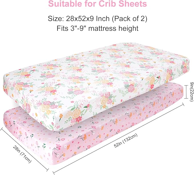 PHF Soft Crib Sheet Fitted, 2 Pack Baby Sheets for Boys Girls, 28x52x9in Fits Standard Crib and Toddler Mattresses, Silky Comfy Breathable Polyester Baby Mattress Sheets, Rose Floral
