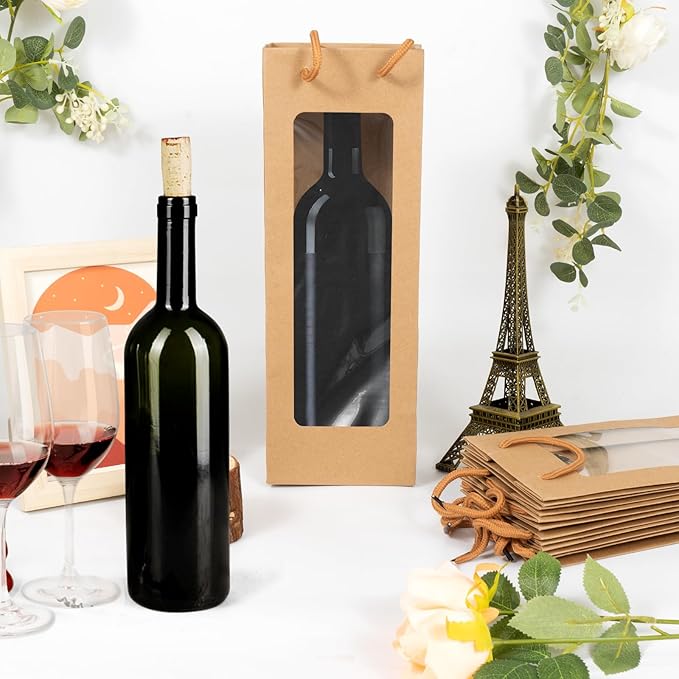 Cyblinia 20 Pack Wine Gift Bags with Window 4.9 x 3.6 x 14.2 Inch Paper Wine Bags Wine Carrier Bags Shopping Bags with Handle for Wine Bottle and Gifts,Wedding, Birthday, Christmas
