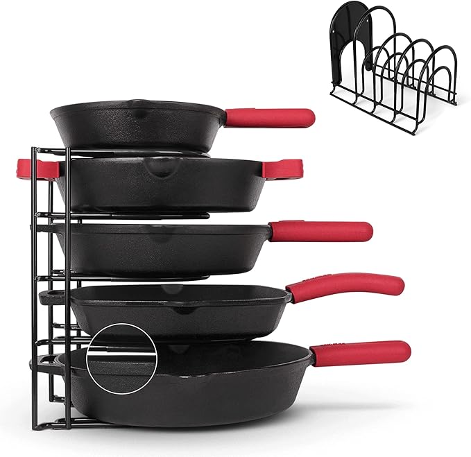 Pan Organizer - Silicone-Coated Non-Slip 12" Heavy Duty Skillet Rack - Kitchen Counter/Cabinet Organization Storage - Holder for Cookie Sheet, Cutting Board, Cast Iron Cookware, Dish, Pot, Lid Stand