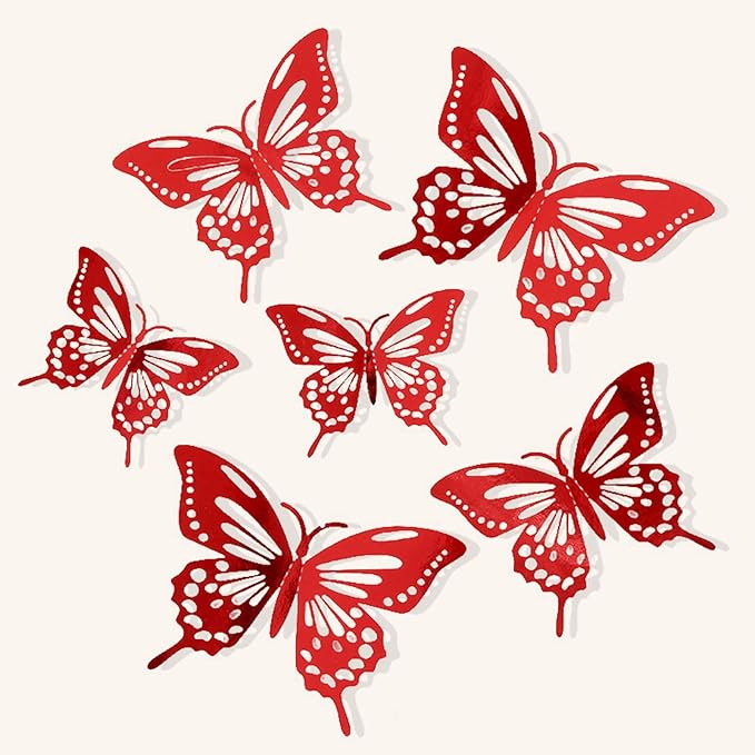 72Pcs 3D Butterfly Wall Decor 3 Sizes 3 Styles, Butterfly Decorations Party Birthday Cake Decoration, Removable Butterfly Wall Stickers for Kids Nursery Wedding Bedroom Room Decor(Red)
